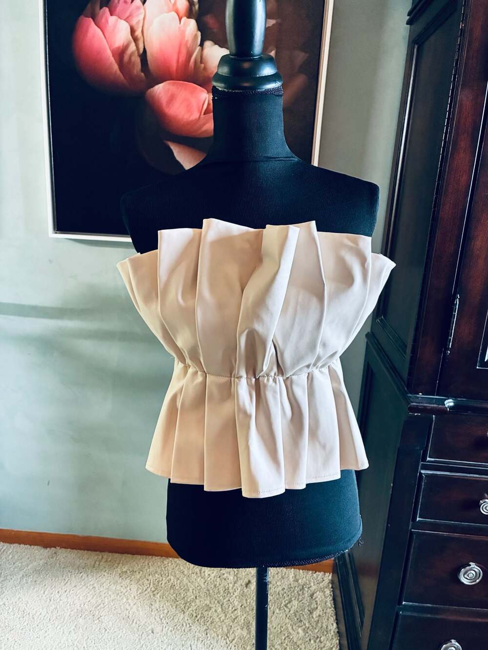 Pinque Faux Leather Pleated Strapless Peplum Top Sz S A490